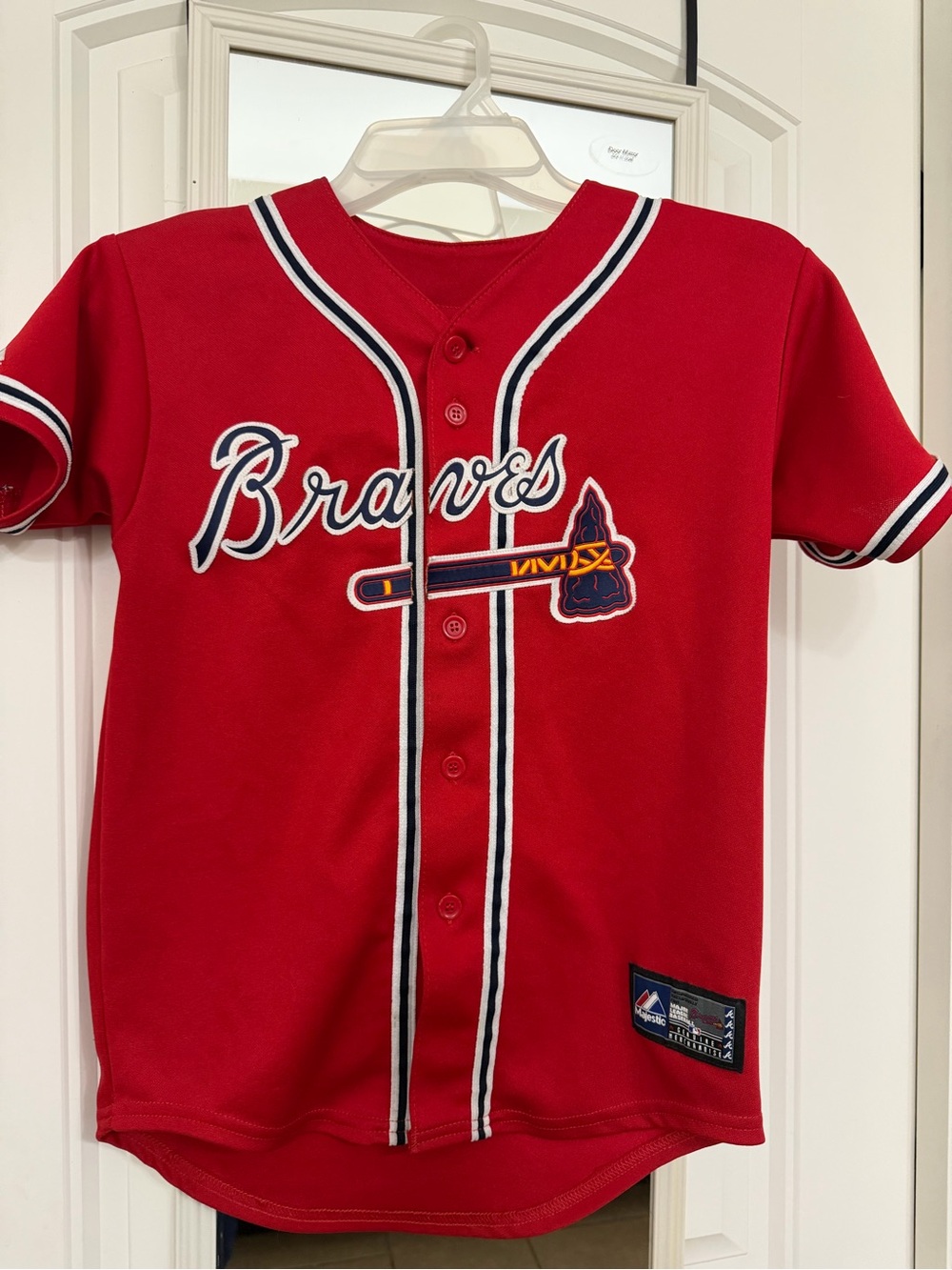 Majestic Red Braves Kids Baseball Jersey with Navy & White Trim